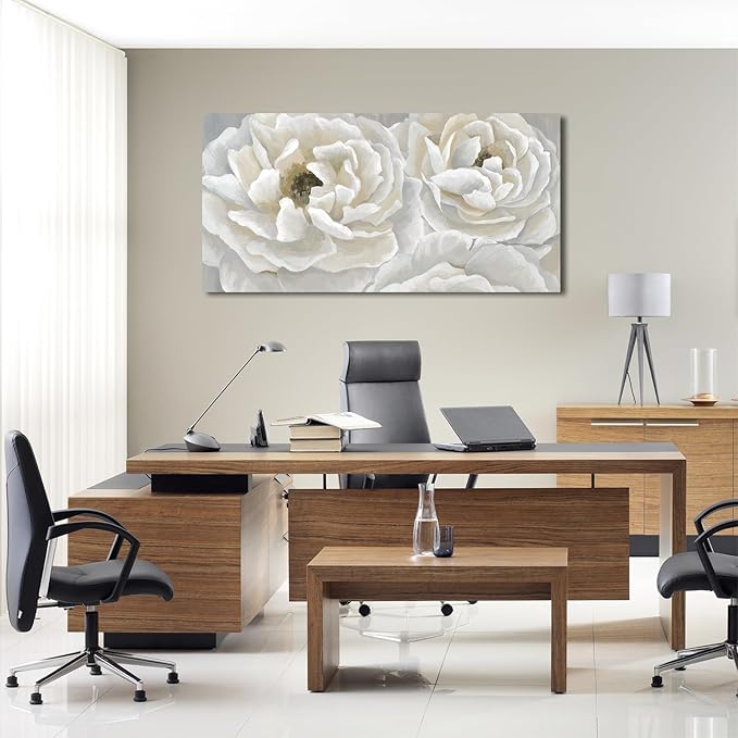 arteWOODS Cream White Flowers Wall Art - Soft Peony Pictures for Wall Decor Elegant Blossom Flower Painting Artwork Botanical Prints for Living Room Home Office Wall Decoration 24" x 48"