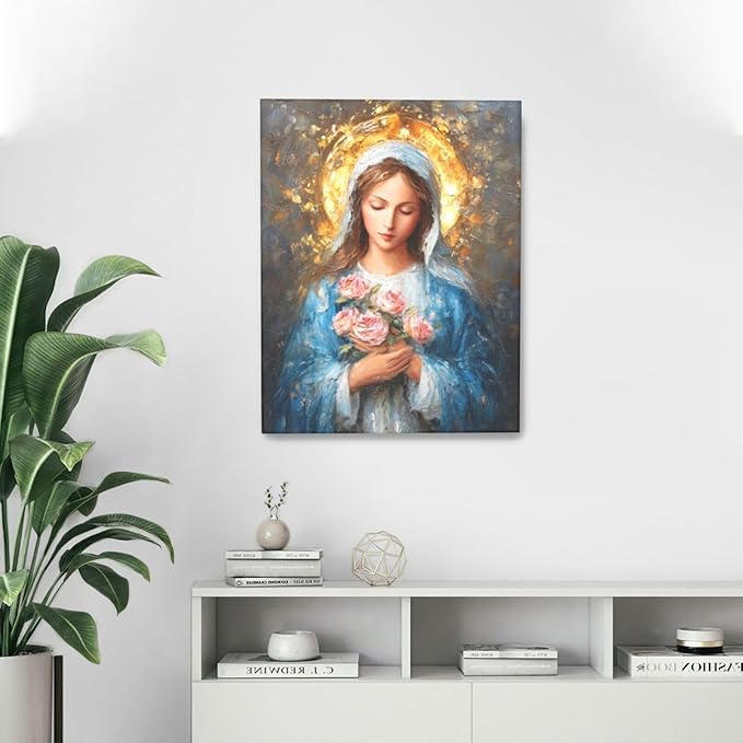 Christian Mary Wall Art Mary Mother Of God Canvas Wall Decor Catholic Blessed Mother with Roses Pictures Christ Paintings Prints Religious Bible Artwork Framed Decorations For Church Prayer Room Chapel Bathroom Bedroom Living Room Gifts 16" x 20"