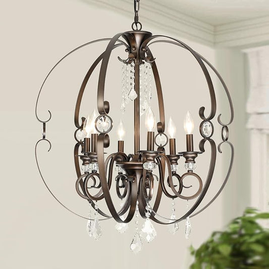 Oil-Rubbed Bronze Crystal Chandeliers for Dining Room Light Fixture, 6-Light 26 Inch Sphere Vintage Chandelier for Kitchen Island, Living Room, Foyer, Staircase, Entry, Villa