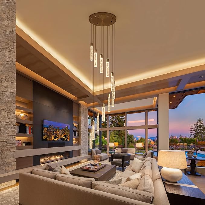 12 Lights Modern Crystal Chandelier, 59 inch Large Long Foyer Chandelier, High Ceiling Light Fixture, Foyer Pendant Lighting Dimmable Switch from 3000K 4500K 6000K for Staircase Entryway living room