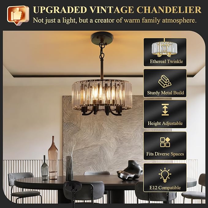 Black Crystal Chandelier, 4-Light Small Modern Semi Flush Mount Ceiling Chandelier Light Fixtures,Round Hanging Lighting Fixture for Bedroom Living Room Kitchen Hallway Entryway, E12 Base, 11.6 Inch