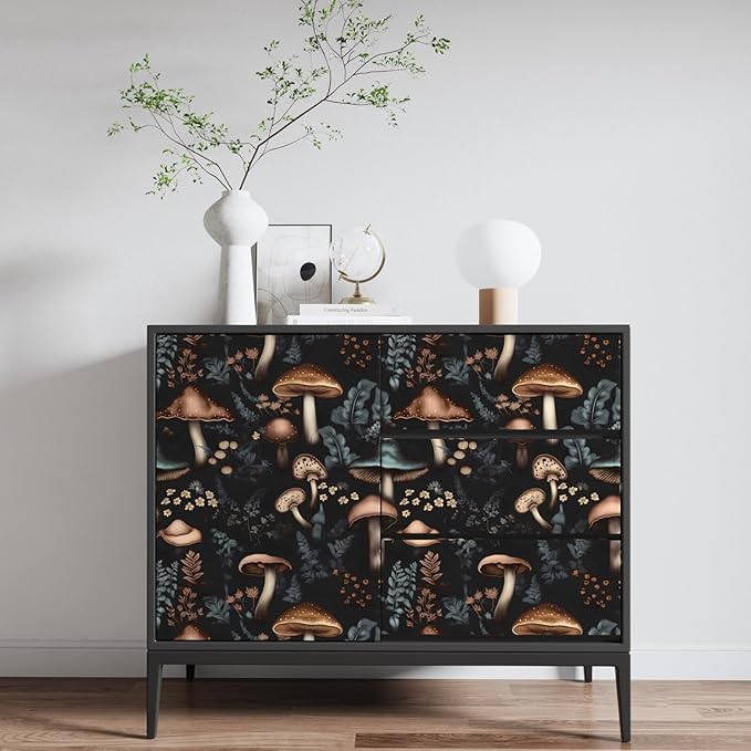 Mushroom Peel and Stick Wallpaper - Black Leaf Vintage Contact Paper Boho Dark Flower Wall Paper Removable Self Adhesive for Cabinet Drawers - 17.5''x393''
