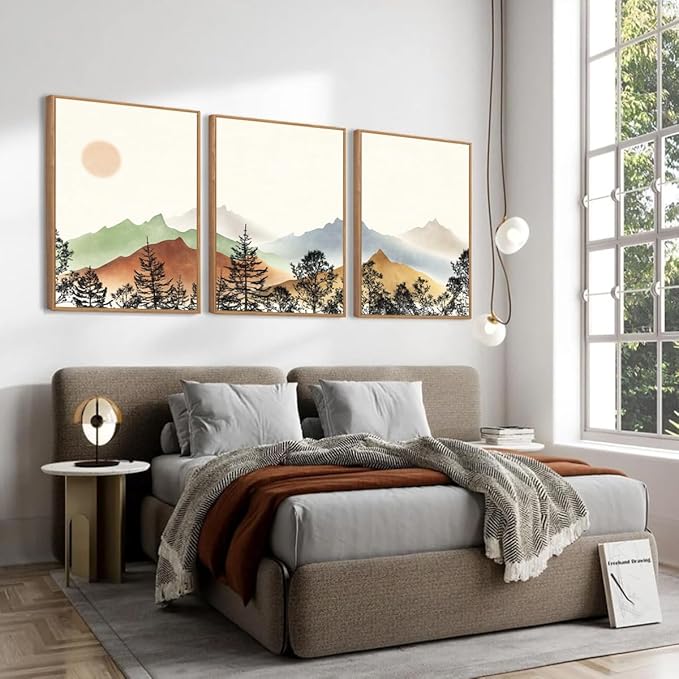 BINCUE Boho Mountain Canvas Wall Art Framed Mountain Wood Wall Decor for Living Room Bedroom Office 3 Panel 16x24 Inches
