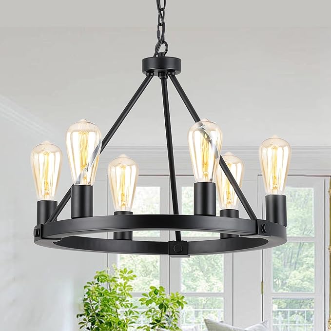 9MMML Black Wagon Wheel Chandelier, 6-Light Industrial Pendant Light, 20'' Farmhouse Ceiling Hanging Chandelier Light Fixture for Living Room, Bedroom, Entryway, Foyer