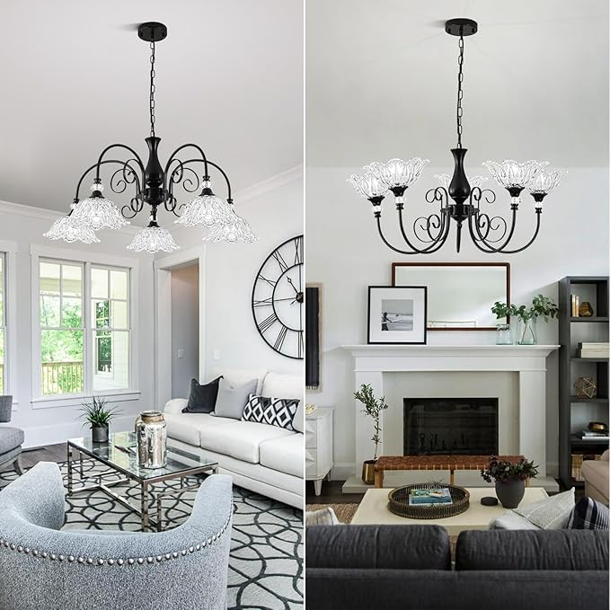 5-Light Chandeliers in Matte Black Finish with Crystal Glass Shades, Farmhouse Chandelier Light for Dining Room,Hallway,Kitchen