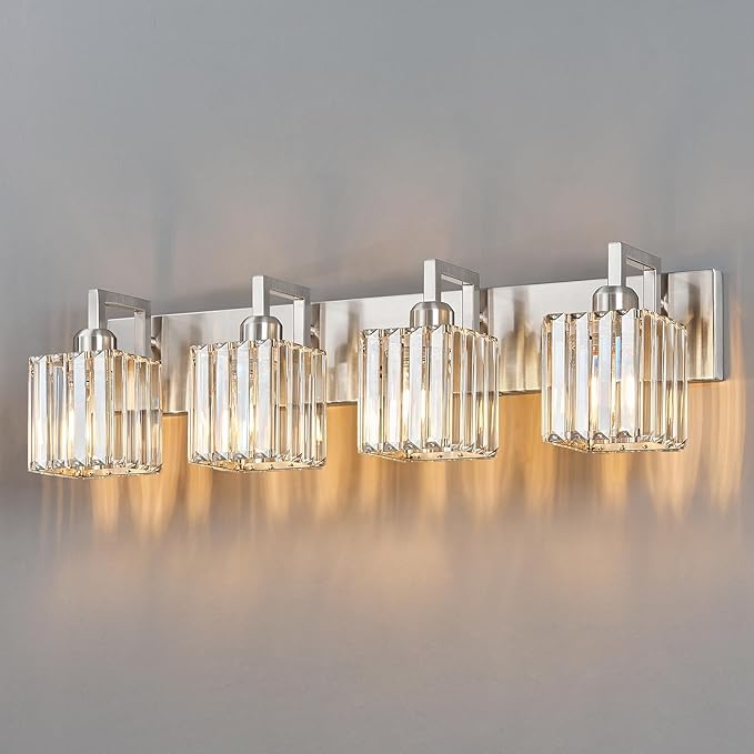 Modern Bathroom Vanity Light 4-Lights Brushed Nickel Vanity Light Crystal Wall Light Bathroom Light Fixtures