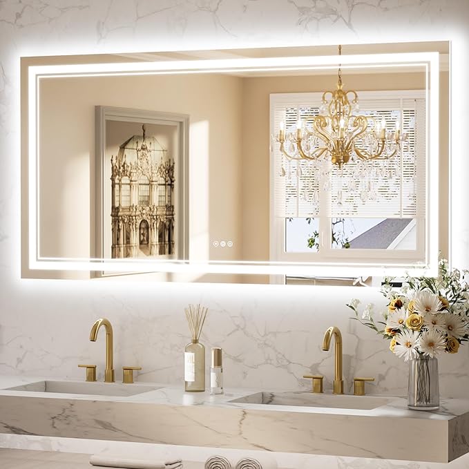 Keonjinn LED Bathroom Mirror 60" x 30" with Frontlit and Backlit, Tempered Glass Stepless 3 Colors Temperature & Dimmable Large Vanity Mirror, UL Listed LED Driver, Double Lights, Anti-Fog Wall Mirror