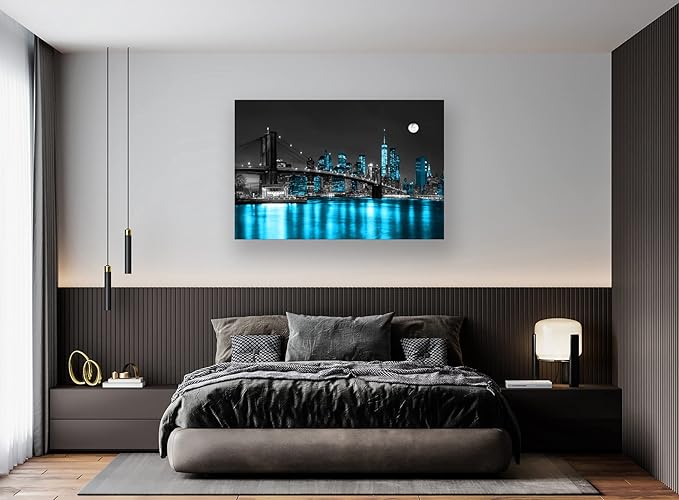 Aibonnly Wall Art Canvas Painting Black White and Blue New York Brooklyn Bridge 1 Piece Cityscape Night Building Picture Poster Print Framed for Living Room Bedroom Kitchen Office Home Decor