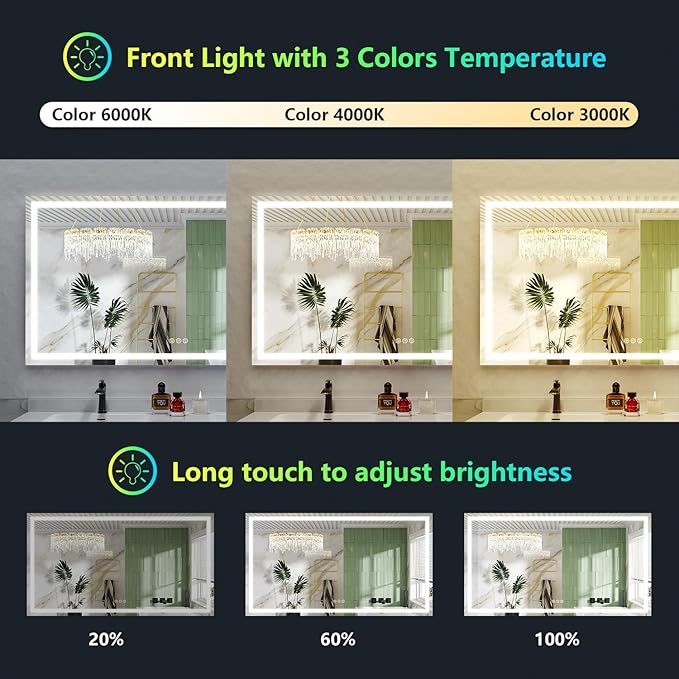 66x36 Inch RGB LED Bathroom Mirror Front Light and RGB Backlit Lighted Vanity Mirror for Bathroom Wall Mounted Dimmable Anti Fog Memory Shatter-Proof IP54 Waterproof Horizontal/Vertical