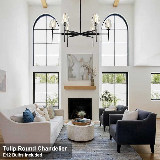 Modern Crystal Chandelier 6 Lights Black, 42in Black Round K9 Crystal Tulip Chandelier, Pendant Ceiling Light for Dining Living Room Bedroom Entryway Over Table, E12 Bulbs Included