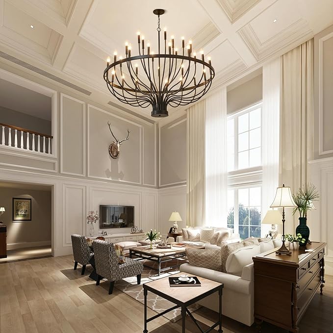 Large Black Chandeliers for High Ceilings, 33-Light 48" Farmhouse Light Fixture for Dining Room Kitchen Island, Modern Industrial Candle Style Chandelier for Living Room Stair Foyer