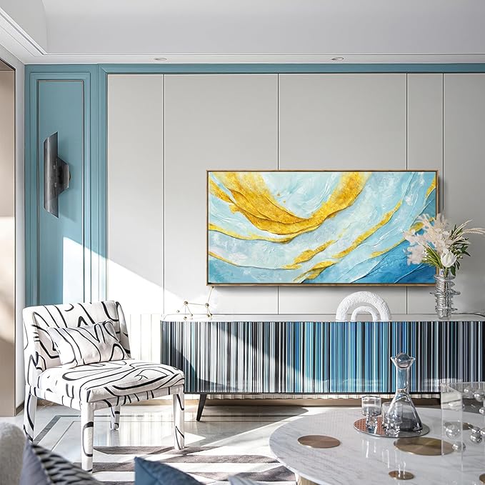 Nicetop Framed Abstract Wall Art for Living Room– Large Size Coastal Canvas Print Modern Picture Horizontal Blue and Gold Artwork with Wood Frame for Bedroom Home Office Aesthetic Decor 48x24 Inch
