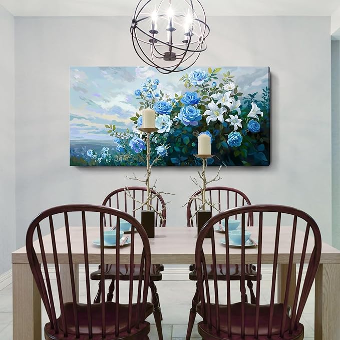 Nicetop Extra Large Floral Canvas Art for Living Room – Elegant Botanical Wall Picture with White Lilies, Blue Roses & Green Leaves – Horizontal Nature Artwork for Bedroom, Office, Kitchen, 58x29 Inch