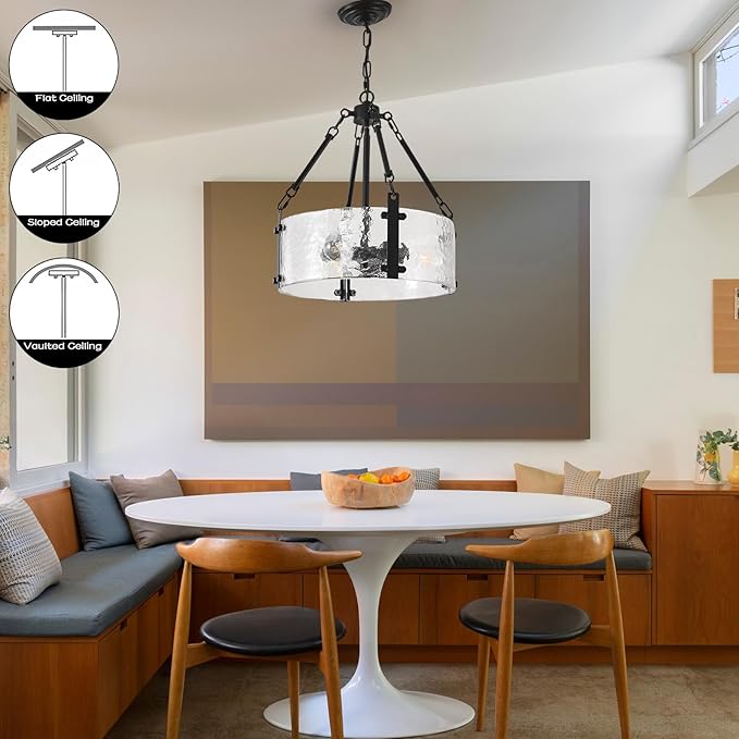 Black Dining Room Chandelier 16'' Modern Textured Glass Chandelier 3-Light Drum Crystal Light Fixture Vintage Farmhouse Round Hanging Lighting for Kitchen Island Over Table