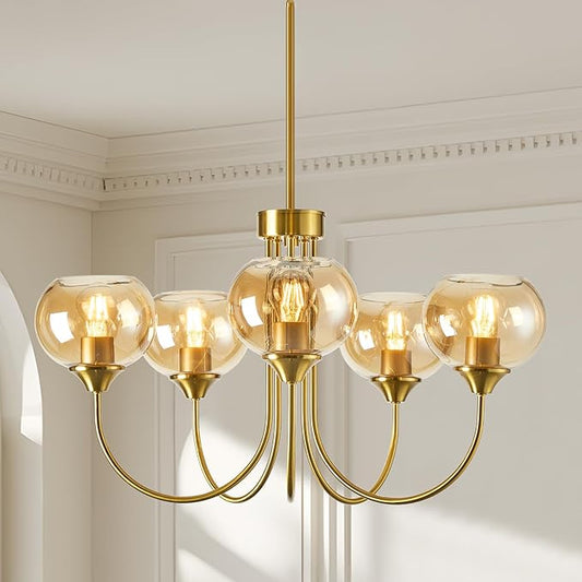 Mid Century Modern Globe Chandelier 5 Light Amber Glass Vintage Sputnik Chandeliers Gold Pendant Light Fixtures for Dining Room Kitchen Living Room Bedroom