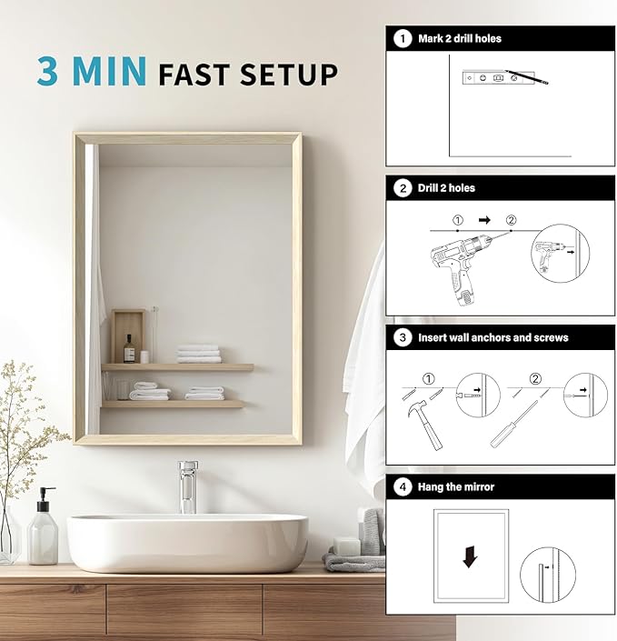 Oak Wood Effect Framed Wall Mirror, 32x40 Rectangle Mirror, 1/8" Anti-desilvering Tempered Glass, Sustainable& Sturdy Frame, Anti-Rust, HD Reflection &3min Fast Setup for Bathroom Living Room