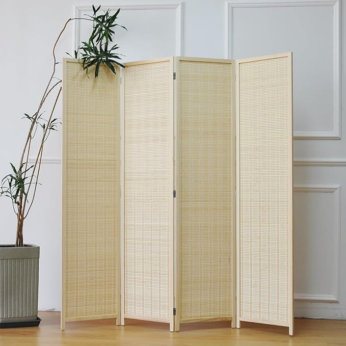 4 Panel Room Divider and Folding Screen Room Divider,Bamboo Room Divider Screen for Room Separation,Beige,67" H x 61.4" W