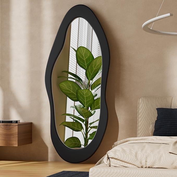 55" x 24" Irregular Wavy Full Length Mirror - Wall Mounted Wooden Framed Mirror for Bedroom/Living Room