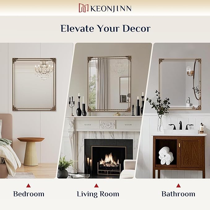 Keonjinn Brass Vintage Mirror for Wall, 40" x 30" Antique Gold Mirrors with Metal Frame, Baroque Style Decoration for Mantle, Bathroom, Living Room, Fireplace, Bedroom, HD Shatterproof Glass