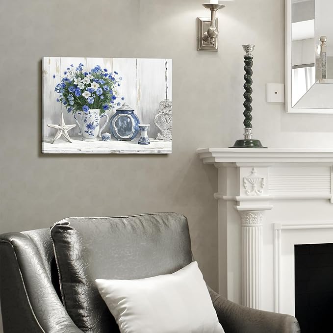 Nicetop Bathroom Decor Wall Art Vintage Coastal Picture Blue and White Anemone Flowers in Vase with Starfish and Bottle Pottery Canvas Print Rustic Country Farmhouse Artwork for Bedroom 16x12 Inch