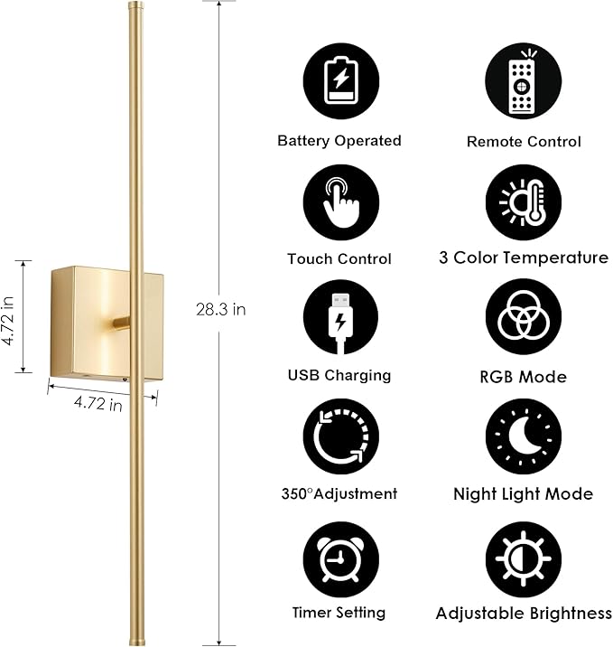 Battery Operated Wireless Wall Sconces Set of Two, with Remote, Dimmable, Warm White/Natural White/Daylight/RGB, 350°Rotate, LED Gold Wireless Wall Light for Living Room, Bedroom, 28.3 Inch