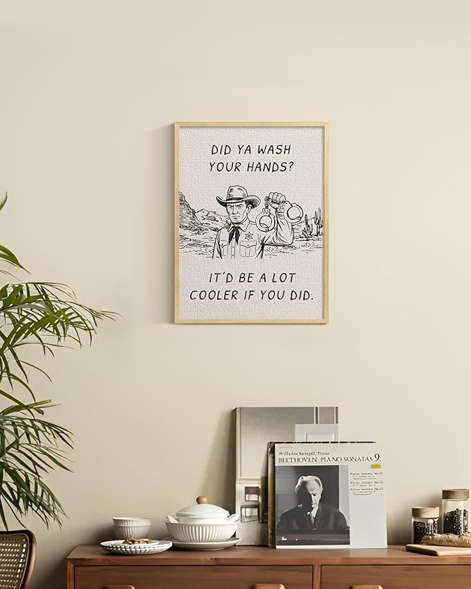 ARPEOTCY Small Framed Canvas Wall Art, 12x16in, Vintage Cowboy Bathroom Art (Did You Wash Your Hands), Western Room Wall Decor for Kitchen Laundry Shelf, Country Retro Artwork