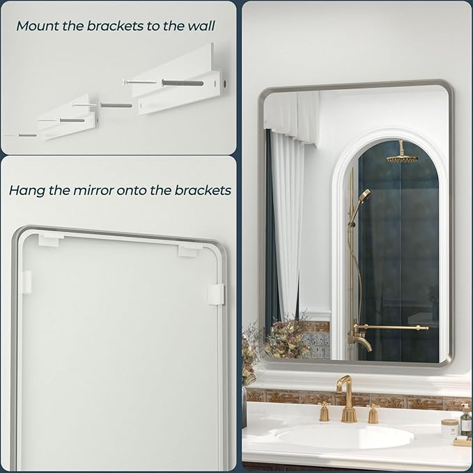 OKPAL Brushed Nickel Mirror 40 x 30 Inch Large Silver Bathroom Mirror for Over Sink, Rounded Rectangle Farmhouse Vanity Mirror with Metal Frame, HD Tempered Glass Wall Mirror(Horizontal/Vertical)