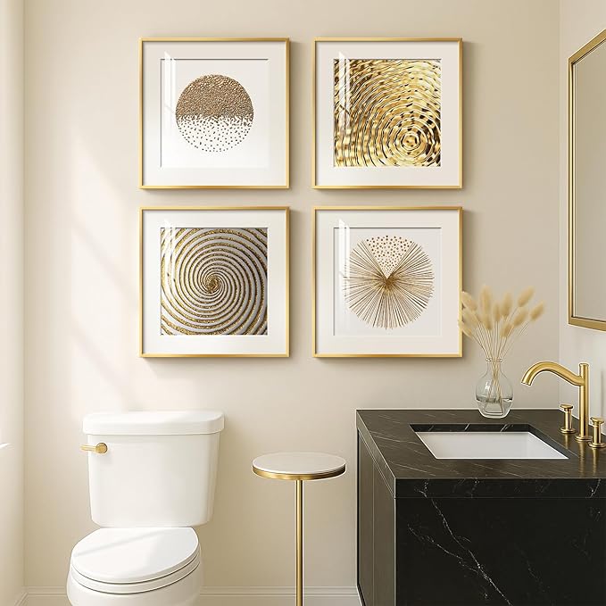 4 Pcs Framed Modern Canvas Wall Art, Gold and White Minimalist Pictures Prints, Luxury Geometric Painting Artwork Home Decoration for Hallway, Bathroom, Dining Room and Living Room