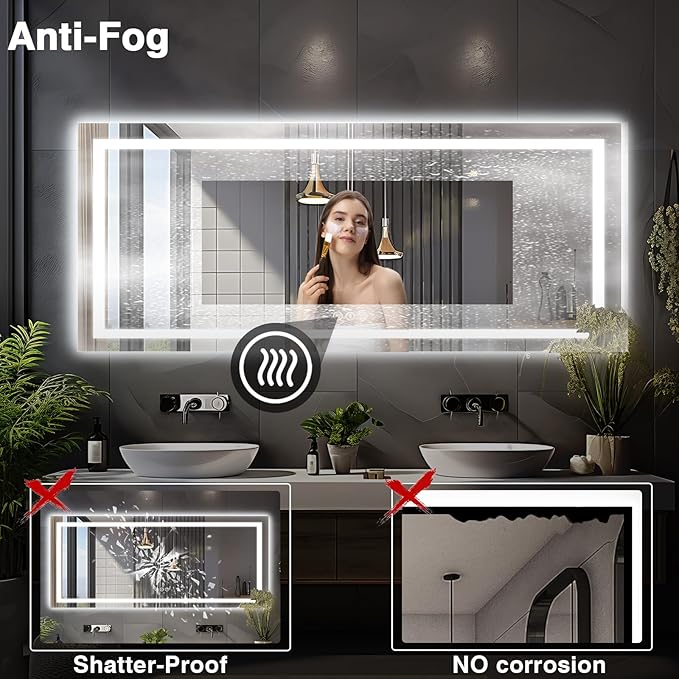 96"x36" Large LED Bathroom Mirror with Lights (Front and Backlit), Anti-Fog Lighted Mirror for Wall, Stepless Dimmable Lighted Mirror, 3 Colors Smart Mirror (Horizontal/Vertical)