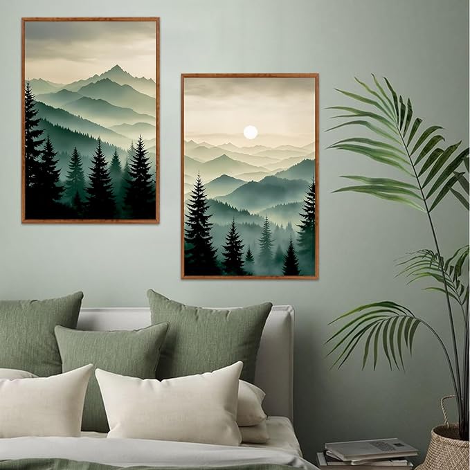LHIUEM Abstract Mountain Wall Art,Boho Forest Pictures Set of 3(16”X24”) Framed Canvas Print Dark Green Pine Tree,Big Foggy Sun Green Mountain Painting,Sage Green Wall Art for Bedroom Living Room