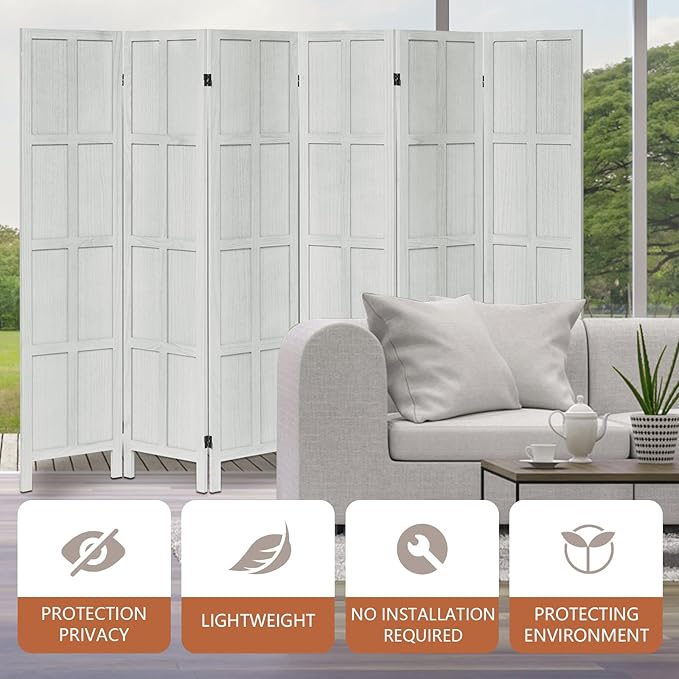 Classic 6 Panel Room Divider and Folding Privacy Screen, 5.6Ft Wood Room Divider Wall, Partition Screen Divider for Room Separation for Bedroom, Home Office, Dressing Room, White