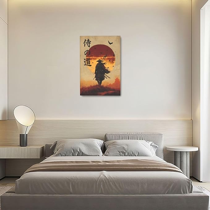 Japanese Samurai Wall Art Oriental Asian Bushido Wall Decor Warrior Figure Canvas Pictures Paintings Prints Japan Traditional Aesthetic Artwork Framed Decorations For Bedroom Living Room Office Gifts 16" x 24"