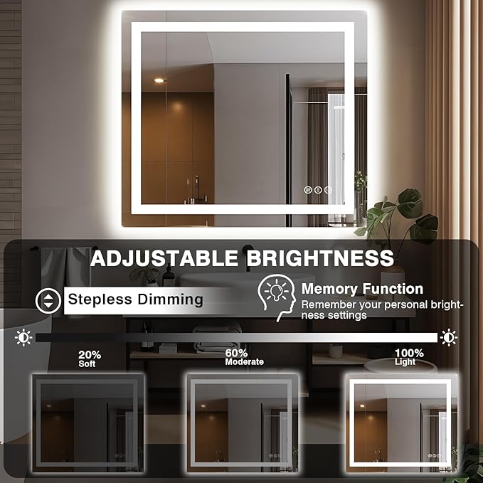 40"x38" Lighted Mirrors for Bathroom Wall, Front and Backlit, Anti-Fog LED Vanity Mirror, Shatter-Proof, 3 Colors Memory Mirror (Horizontal/Vertical)