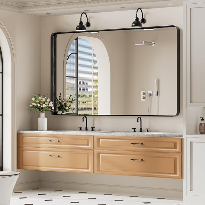 Koonmi Black Wall Mirror for Bathroom, 36x60 Inch Matte Deep Framed Rounded Rectangle Vanity Mirror for Farmhouse Living Room, Tempered Glass, Anti-Rust, Vertically or Horizontally