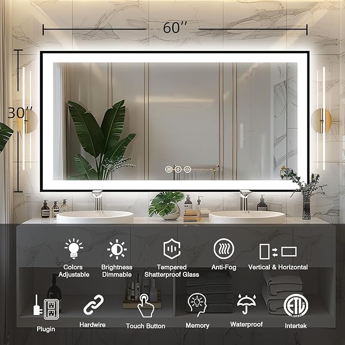 60x30 Lighted Bathroom Mirror, Wall-Mounted, Black Rim Mirror, Vanity(Front and Backlit), Stepless Dimmable CRI90+, Anti-Corrosion, Anti-Rust, Touch Sense, Memory(Horizontal/Vertical)