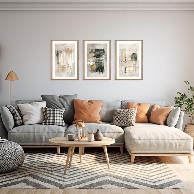 Ausril Modern Abstract Framed Canvas Wall Art Set, Neutral Beige Shape Wall Decor, Black and White Block Wall Painting, Minimalist Paint Stroke Art Print for Living Room, Bedroom, Office 24"x36"x3