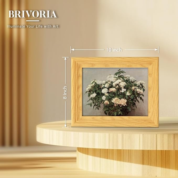 Brivoria Framed Canvas Wall Art Vintage Decor, Realistic Botanical Artwork with White and Pink Rose Bush in Bloom and Soft Background for Kitchen Bedroom Tabletop Display or Shelf Decor, 8"x10"