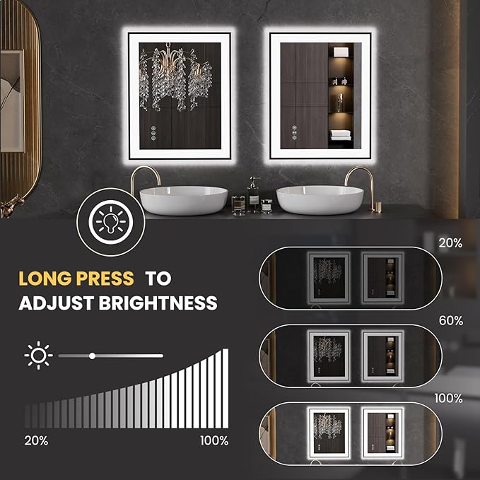 LOAAO 24"X30" LED Bathroom Mirror Black Framed, Anti-Fog, Dimmable, Lighted Bathroom Vanity Mirror for Wall, Memory Function, Tempered Glass