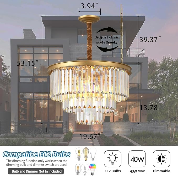 Modern Gold Crystal Chandelier,3-Tier Round Pendant Ceiling Fixture with Height Adjustable Luxury Hanging Chandelier for Dining Room,Living Room,Entryway,Bedroom,Kitchen,and Foyer (Gold Crystal-3)