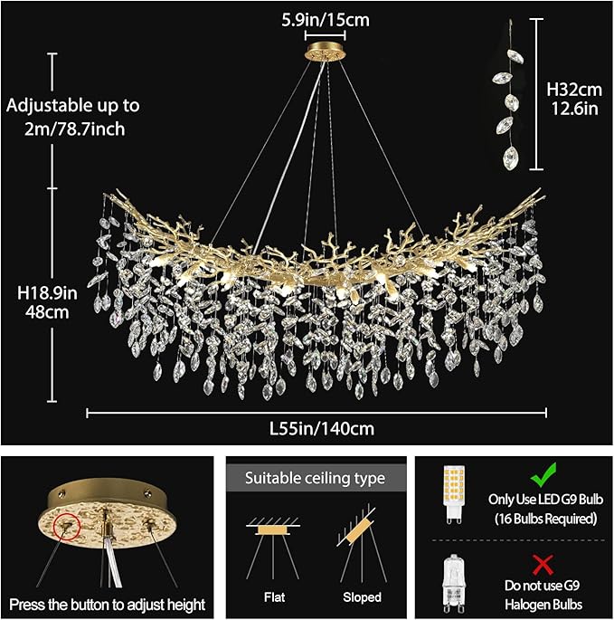 55inch Crystal Rectangle Chandelier for Dining Room, Gold Tree Branch Chandeliers Over Table, Top K9 Crystal Modern Chandeliers for Kitchen Island,Dining Table,Luxury Rectangular Chandeliers
