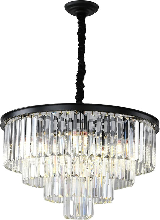 Black Modern Crystal Chandelier Lighting K9 Crystal Round Chandelier Hanging Ceiling Light Fixture 4-Tier Contemporary Crystal Pendant Light for Dining Room Living Room Bedroom 23.6inch
