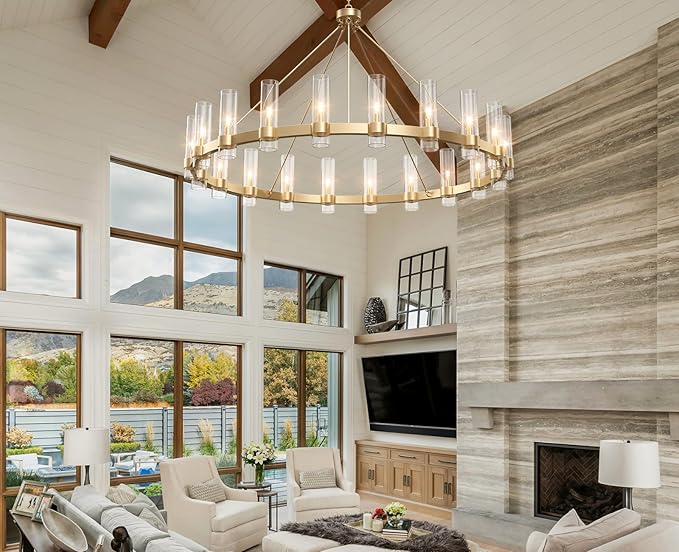 60" Gold Wagon Wheel Chandelier, Large 20-Light Farmhouse Round Pendant Light Fixture with Glass Shade, Hanging High Ceilings Chandeliers for Dining Room Kitchen Foyer Entryway Living Room