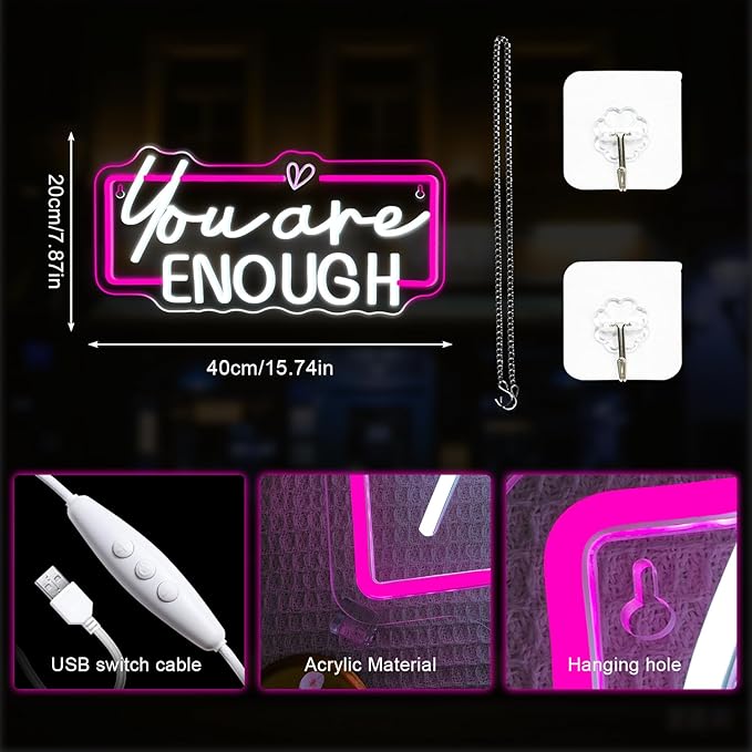 Lucunstar You Are Enough Neon Sign for Wall Decor Neon Pink Light Up Classroom Motivational Wall Decor LED Letter Book Lights Sign for College Room Reading Library Inspirational Gifts for Women Student