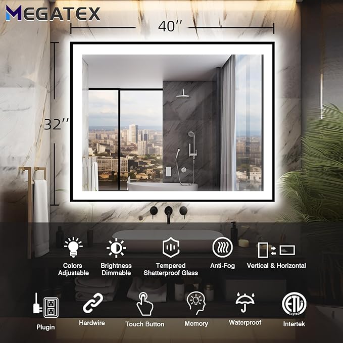 40x32 Bathroom LED Mirror, Black Aluminum Edge Lighted Mirror, 3 Colors Stepless Dimmable Vanity Mirror, Skincare, Anti-Fog, Shatter-Proof, ETL Listed, Memory Smart Mirror(Horizontal/Vertical)