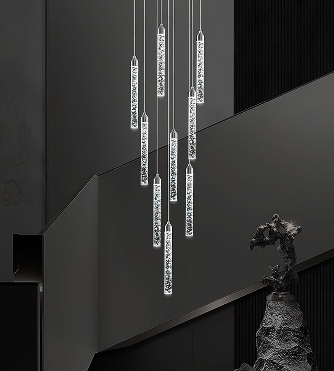 9-Lights High Ceiling Crystal Staircase Chandelier Silver, Modern Spiral Raindrop Dimmable LED Bubble Cluster Ceiling Hanging Lighting Fixture for Foyer Living Room Entrance Remote Control