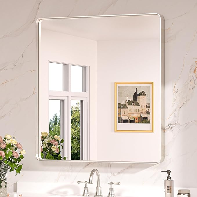 Keonjinn 32 x 36 Inch Brushed Nickel Bathroom Mirrors for Over Sink, Rounded Rectangle Silver Bathroom Vanity Mirror, Farmhouse Mirror for Wall, HD Tempered Glass, Anti-Rust Aluminum Alloy Mirror