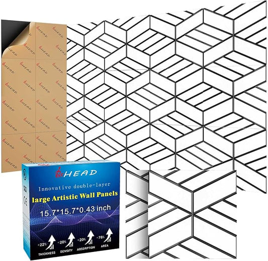 8 Pack 2-Layer Soundproof Wall Panels, 15.7 x 15.7 x 0.43 in Large Sound Proof Foam Panels for Walls, 0.9lb/ft³ High Density, 3D Acoustic Panels,Artistic Noise Dampening Panels White&Black