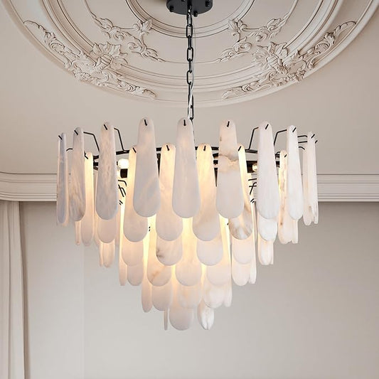 Alabaster Chandelier, D31.5 in Modern Round Chandelier, 6-Tiers Luxury Large White Marble Black Chandeliers for Dining Room Bedroom Foyer Living Room Entryway