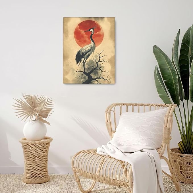 Japanese Crane Wall Art Oriental Asian Wall Decor Sandhill Crane Canvas Pictures Paintings Prints Japan Traditional Aesthetic Artwork Framed Chinese Decorations For Bedroom Living Room Office Gifts 16" x 20"