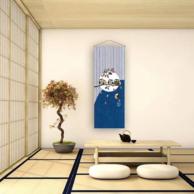 Japanese Tapestry Wall Art Scroll - Feng Shui & Lucky Symbols | W15.7xH47.2", Extra Long Vertical Hanging Decor for Bedroom, Living Room, Office | (Owl) CTT-128